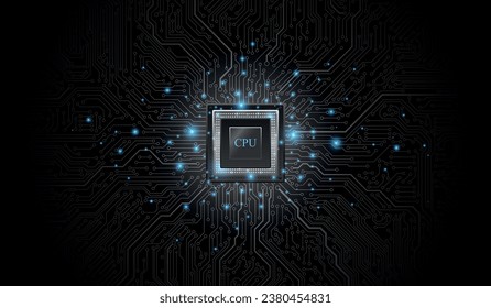 CPU Chip on Motherboard. Central Computer Processors CPU concept. Quantum computer, large data processing, database concept. Futuristic microchip processor. Digital chip.