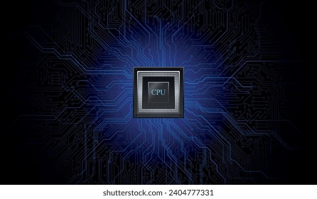 CPU Chip on Motherboard. Central Computer Processors CPU concept. Quantum computer large data processing database concept. Futuristic microchip processor. Digital chip.