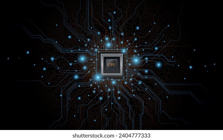 CPU Chip on Motherboard. Central Computer Processors CPU concept. Quantum computer large data processing database concept. Futuristic microchip processor. Digital chip.