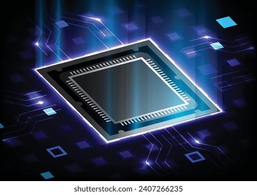 CPU Chip on Motherboard. Central Computer Processors CPU concept. Data processing. Futuristic microchip processor. Digital chip.