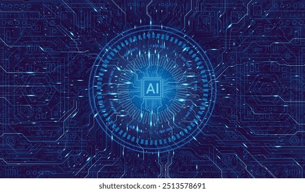 CPU Chip on Motherboard. Central Computer Processors CPU concept. Quantum computer large data processing database concept. Futuristic microchip processor.  AI chip background with circuit light.