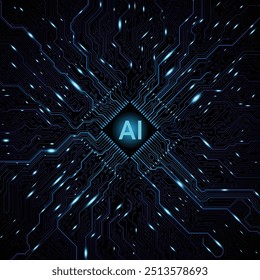 CPU Chip on Motherboard. Central Computer Processors CPU concept. Quantum computer large data processing database concept. Futuristic microchip processor.  AI chip background with circuit light.