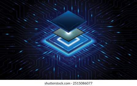 Chip de CPU en la placa base. Concepto de CPU de procesadores de computadora central. Computadora cuántica Grande concepto de base de datos de procesamiento de datos. Procesador de microchip futurista. Fondo de chip AI con luz de circuito.