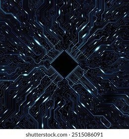 CPU Chip on Motherboard. Central Computer Processors CPU concept. Quantum computer large data processing database concept. Futuristic microchip processor. AI chip background with circuit light.