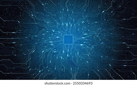 CPU-Chip auf der Hauptplatine. CPU-Konzept für Zentralrechnerprozessoren. Datenbankkonzept für große Datenverarbeitung in Quantenrechnern. Futuristischer Mikrochip-Prozessor. KI-Chip-Hintergrund mit Schaltkreislicht.