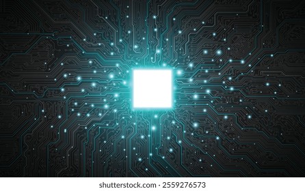 CPU Chip on Motherboard. Central Computer Processors CPU concept. Quantum computer large data processing database concept. Futuristic microchip processor. AI chip background with circuit light.