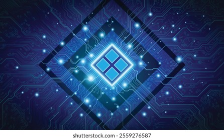 CPU Chip on Motherboard. Central Computer Processors CPU concept. Quantum computer large data processing database concept. Futuristic microchip processor. AI chip background with circuit light.
