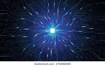 CPU Chip on Motherboard. Central Computer Processors CPU concept. Quantum computer large data processing database concept. Futuristic microchip processor. AI chip background with circuit light.
