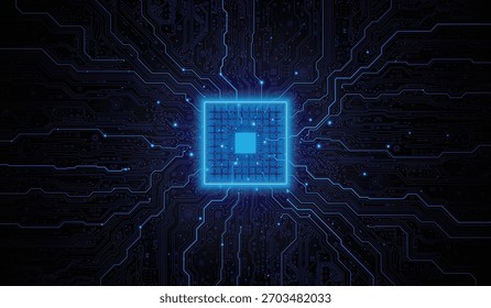 Chip de CPU en la placa base. Concepto de CPU de procesadores de computadora central. Computadora cuántica Grande concepto de base de datos de procesamiento de datos. Procesador de microchip futurista. Fondo de chip AI con luz de circuito.

