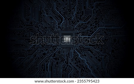 CPU Chip on Motherboard. Central Computer Processors CPU concept. Quantum computer, large data processing, database concept. Futuristic microchip processor. Digital chip.