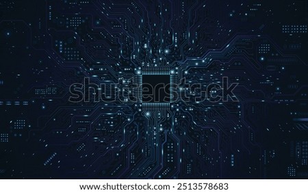 CPU Chip on Motherboard. Central Computer Processors CPU concept. Quantum computer large data processing database concept. Futuristic microchip processor.  AI chip background with circuit light.