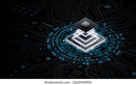 CPU Chip on Motherboard.3D closeup of cpu. Central Computer Processors CPU concept. Quantum computer, large data processing, database concept. Futuristic microchip processor. Digital chip.