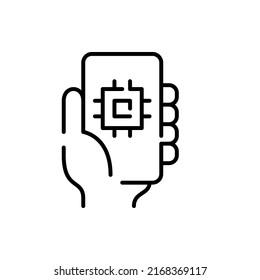 Chip de CPU en un smartphone. aplicación IOT. Icono de línea de trazo de píxeles perfecto, modificable