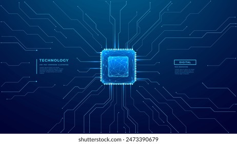 CPU chip on technology blue background. Circuit board and core in the cente tech bg. Semiconductor or CPU processor. Artificial intelligence concept. Vector futuristic illustration. Free text space.