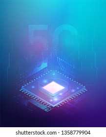 CPU Chip Sign For 5G Network. Abstract Background Vector Illustration 