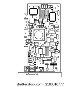 Cpu chip technology vector digital electronic outline. Computer processor illustration board icon line thin and communication tech hardware. Microchip motherboard engineering datum and symbol pc core