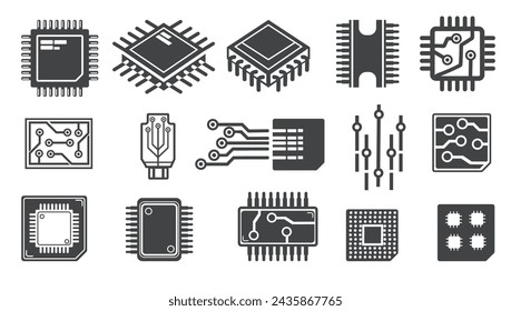 Cpu chips cartoon icons. Micro processor electronic microchip logo, cpu gpu quantum chip for circuit network motherboards, pcb microprocessor abstract icon neat vector illustration of microchip icon