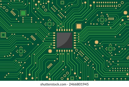 CPU-Chipsatz mit Leiterplatte, Technologie-Konzept-Design. Abstrakter Hintergrund für Web, Banner, Karte und Cover. Vektorillustration.