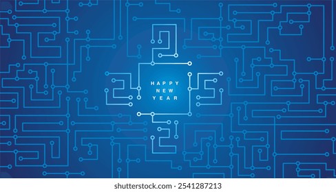 CPU Circuit Board 2025. Happy New Year 2025 eve. Technology GPU, CPU, Central Processing Unit. Futuristic hi-tech Circuit Number Digital Concept. CPU Ai Illustration on blue background