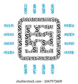 Cpu Circuit collage of american dollars. Vector dollar currency symbols are united into cpu circuit composition.