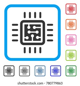 Cpu Circuit icon. Flat gray pictogram symbol in a blue rounded rectangular frame. Black, gray, green, blue, red, orange color variants of Cpu Circuit vector. Designed for web and app interfaces.