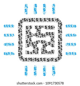 CPU circuit mosaic of dollars and sphere spots. Vector dollar currency icons are combined into CPU circuit composition.