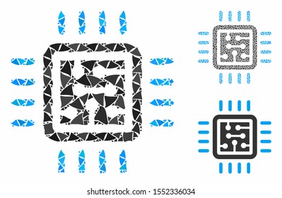CPU circuit mosaic of uneven pieces in various sizes and color tinges, based on CPU circuit icon. Vector unequal pieces are organized into collage. CPU circuit icons collage with dotted pattern.