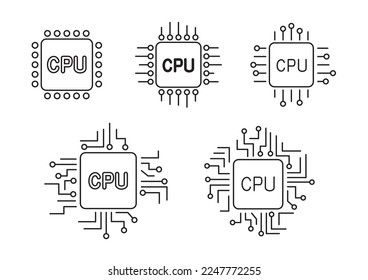 cpu computer outline chip sign icon set isolated on white background. Microprocessor hardware chips symbols