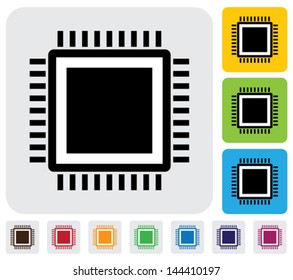 CPU or computer processor icon(symbol)- simple vector graphic. This illustration has the icon on grey, green, orange and blue backgrounds & useful for websites, documents, printing, etc