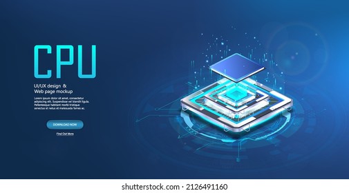 Procesador de CPU en vista isométrica. Chip tecnológico de última generación, el concepto de tecnologías innovadoras, microprocesadores, motherboard, CPU, placa de circuito. Chip digital 3D. Vector