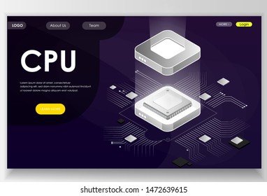 CPU concept. Can use for landing page, banners, websites etc. Vector isometric illustrationon violet background.