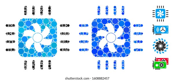 CPU cooler composition of round dots in different sizes and color tones, based on CPU cooler icon. Vector round dots are combined into blue illustration.