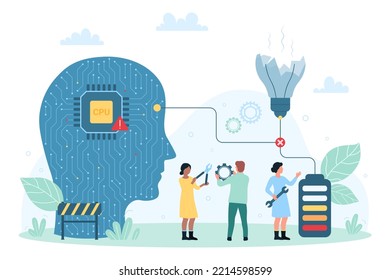 Error de CPU, fallo de la ilustración vectorial del componente de hardware. Las personas diminutas de caricatura conectan la batería con la bombilla de luz rota y el procesador en el cerebro digital de la cabeza humana abstracta, falla la conexión IA