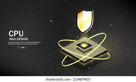 CPU. Futuristic processor on microchips. A quantum computer that processes large amounts of data, a database concept. Isometric banner of the processor, transmission and calculation of network data.