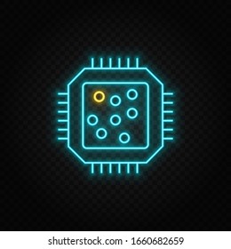 Cpu, hardware. Icono vector neón azul y amarillo. Fondo transparente