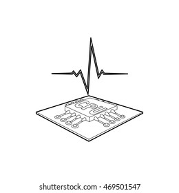 CPU with a heart beat icon in outline style on a white background