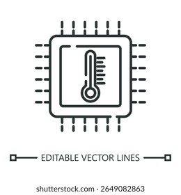 Cpu heat linear icon. Cpu heat animation microchip thermometer depicts rising temps. Suitable for tech concept designs, digital cooling system graphics, and IT projects.