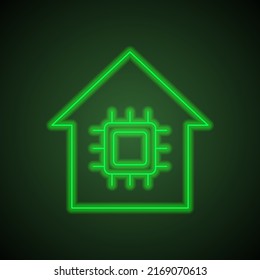 CPU, house simple icon vector. Flat desing. Green neon on black background with green light.ai