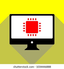 CPU icon illustration. Vector. Red icon on white monitor of black all-in-one desktop computer with two shadows at yellow background.
