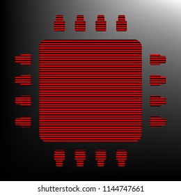 CPU icon illustration. Vector. Striped red and black icon at gradient blackish background. Zebra.