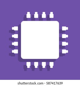 CPU icon illustration. Vector. White icon with soft shadow on grape violet background.
