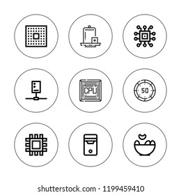 Cpu icon set. collection of 9 outline cpu icons with chip, chips, circuit icons. editable icons.
