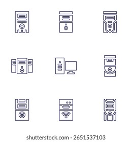 CPU icon set. Line style. Editable stroke. cpu tower, cpu, personal computer, pc, computer, pc tower.