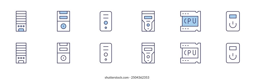 Icono de CPU establecido en dos estilos, Duotone y estilo de línea delgada. Trazo editable. dataststorage, CPU, CPU.