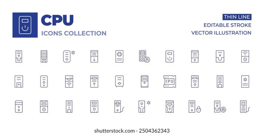 CPU icons collection. Thin Line icons, editable stroke. pctower, case, desktop, datastorage, cpu, cputower.