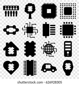 Cpu icons set. set of 16 cpu filled icons such as chip, CPU in car, CPU planet