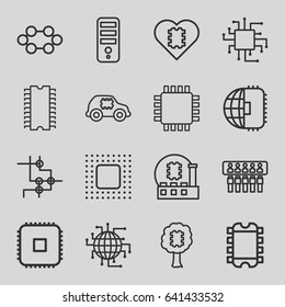 Cpu icons set. set of 16 cpu outline icons such as chip