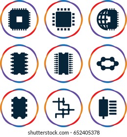 Cpu icons set. set of 9 cpu filled icons such as