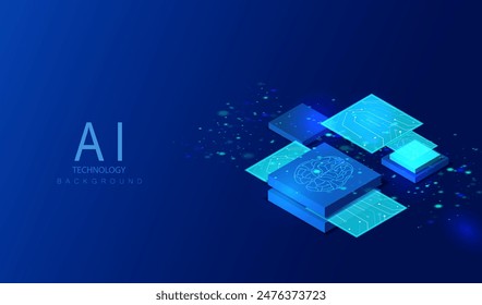 CPU isometric ai banner. Futuristic microchip processor background. Quantum computer database concept. Central Computer Processors CPU design. Digital chip vector.