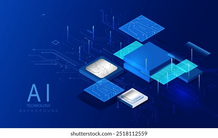 Banner ai isométrico da CPU. Plano de fundo futurista do processador de microchips. Conceito de banco de dados de computador quântico. Design da CPU dos processadores centrais de computador. Vetor de chip digital.